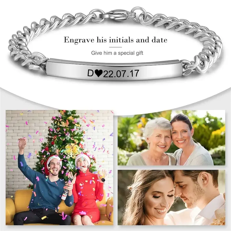 Bracelet de couple personnalisé en acier inoxydable, nom gravé personnalisé, date spéciale, amoureux, meilleurs amis, cadeau unique