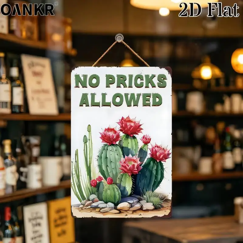 No Pricks Allowed Vintage Metal Tin Sign - Funny Floral Cactus Design, Iron Wall Art for Bars/Cafes/Home Decor - Retro Humorous