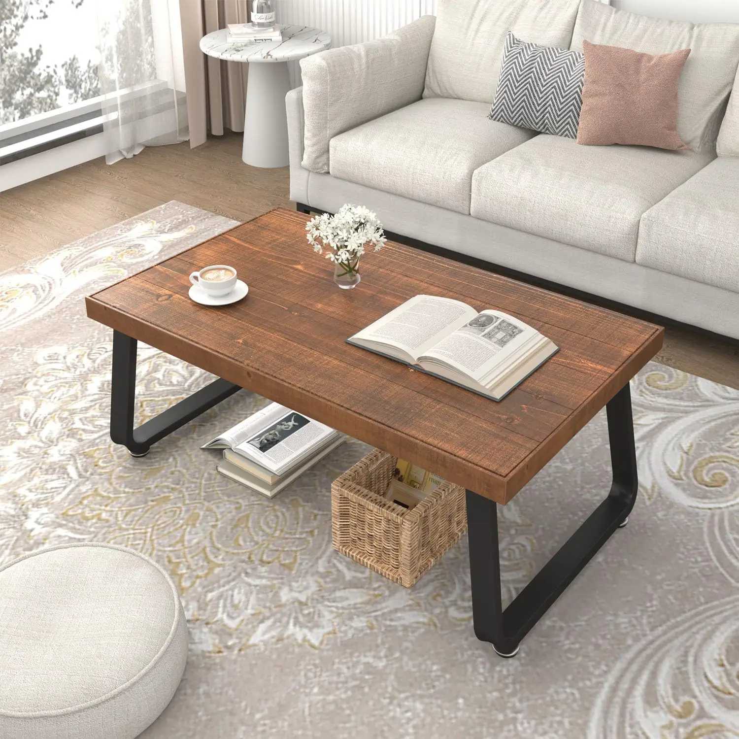 

Rustic Coffee Table, Industrial Solid Wooden Tea Table, Farmhouse Real Wood Center Coffee Table