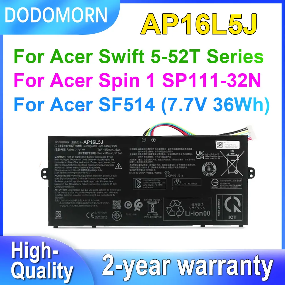 DODOMORN AP16L5J Laptop Battery For Acer Swift 5-52T SF514-52T-59YX for Aspire SF514 Spin 1 SP111-32N 2ICP4/91/91 7.7V 36Wh