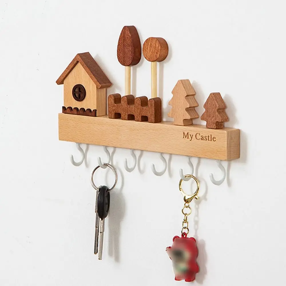 

Row Hook 6 Hooks Key Hook Rack Wall Mounted Wooden Decorative Hook Punch-free Creative Sundries Storage Hook Housewarming Gift