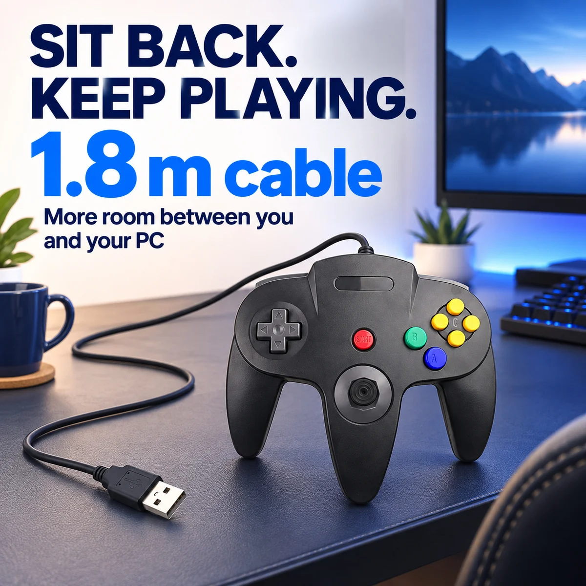 N64-Style USB Wired Controller for Windows PC, 1.8 m Cable, Classic Retro Gamepad, 9 Color Options