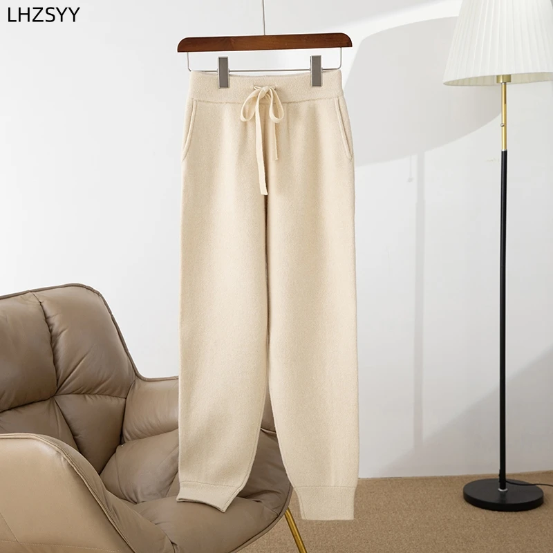 LHZSYY 100%Merino Wool Knit Trousers Ladies Autumn Winter Elastic High Waist Pants Warm Joker Thick Harem Pants Solid Slim Leg