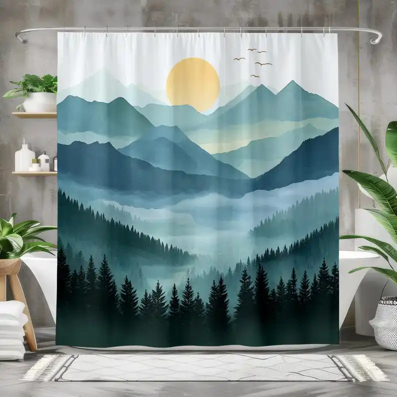 Rideau de douche de montagne, paysage de forêt vert bleu en couches avec lever du soleil, décor de salle de bain nature paisible, cadeau d'extérieur tranquille