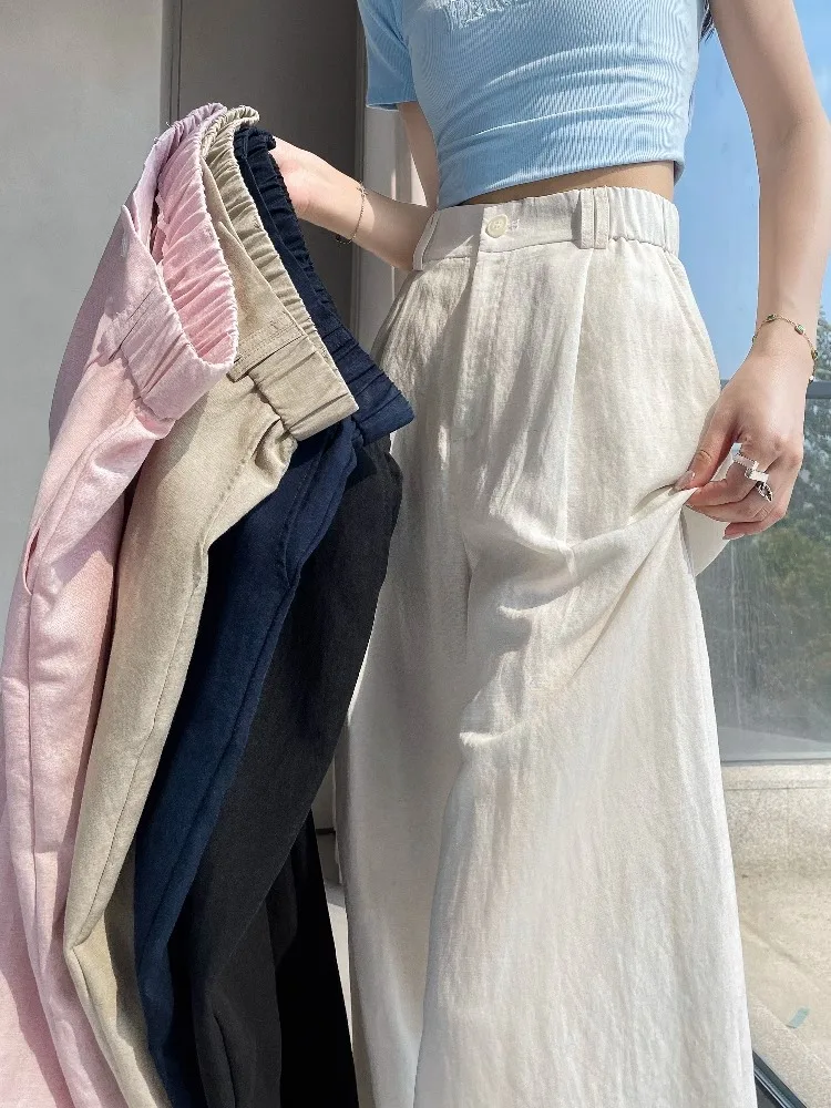 

Женские летние брюки с высокой талией, широкими штанинами, свободного прямого кроя, узкие, из льна, повседневные, длинные, маленьких размеров