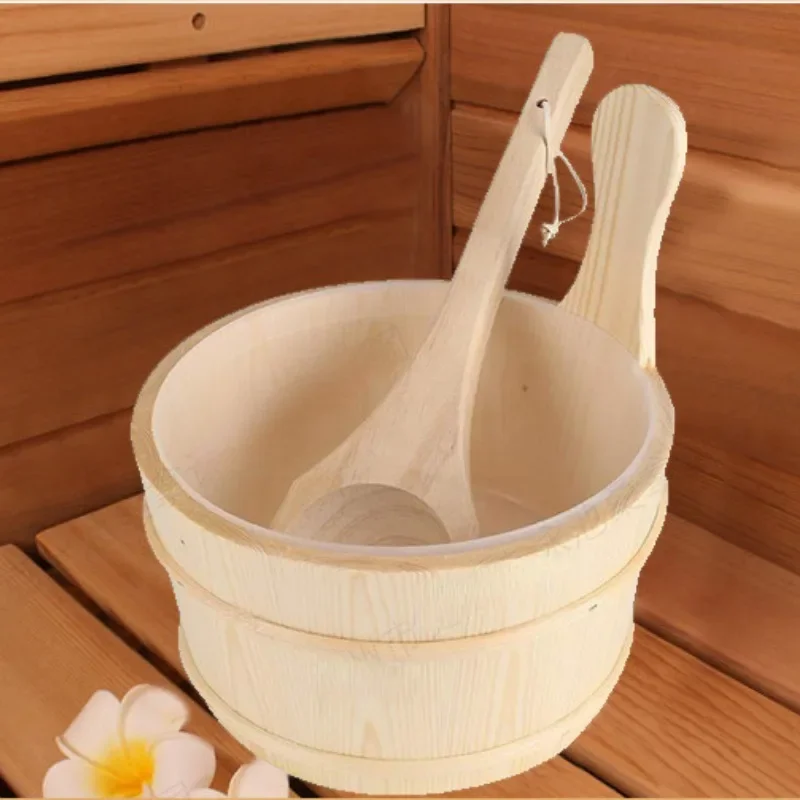 4L Sauna Bucket with Ladle for Home Bathing Supplies Steam Room Bathroom Wooden Bucket Family Sauna Barrel