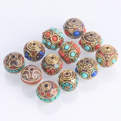 2PCS Round 15mm~18mm Handmade Nepalese Buddhist Tibetan Brass Metal Clay Loose Beads For Jewelry Making DIY Crafts Findings