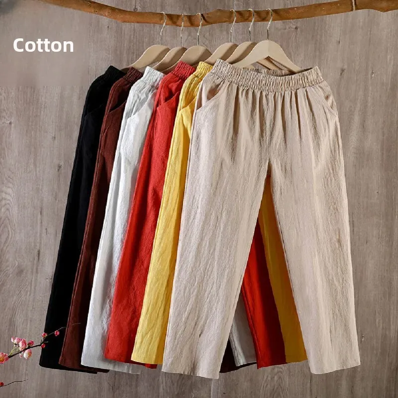 Pantalones Harlan artísticos de lino y algodón sueltos para mujer, pantalones Harlan con estampado versátil de nueve puntos, pantalones étnicos Sle de cintura alta, corte holgado