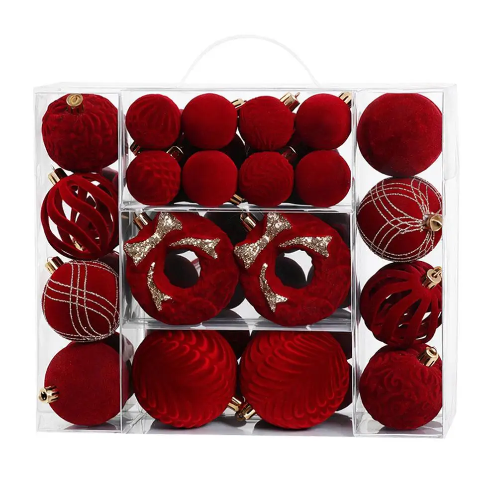46pcs Christmas Tree Red Velvet Baubles Set Assorted Flocked Hanging Ornaments Glitter Bow Design Xmas Holiday Home Party Decor