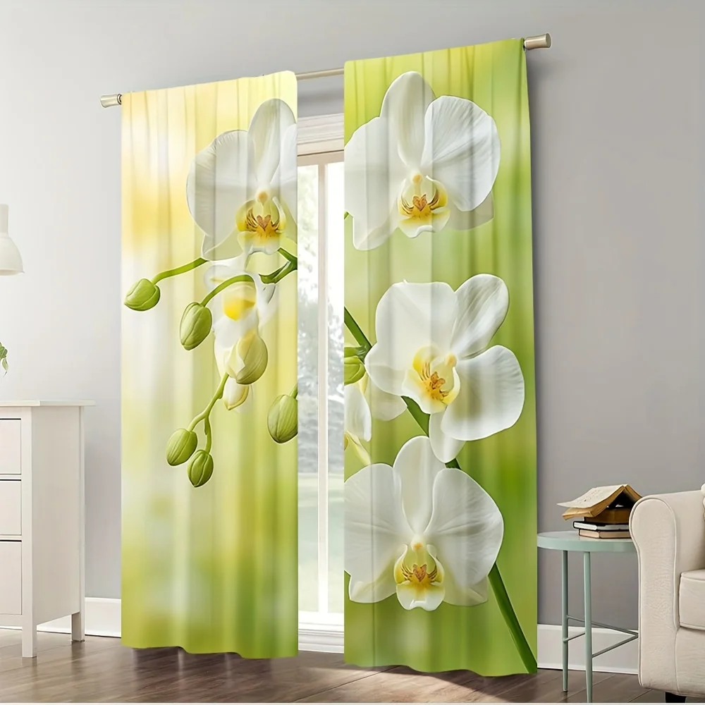 

2pcs White Orchid Curtains Fresh Flower Botanical Print Drape Living Room Bedroom Window Treatment Modern Floral HomeDecorPanels