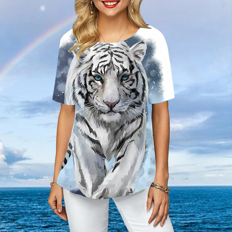 Women Plus Size Ladies Tee Short Sleeve T Shirts Colorful Tiger 3d Print Loose Casual Tops Female Irregular Summer Clothes