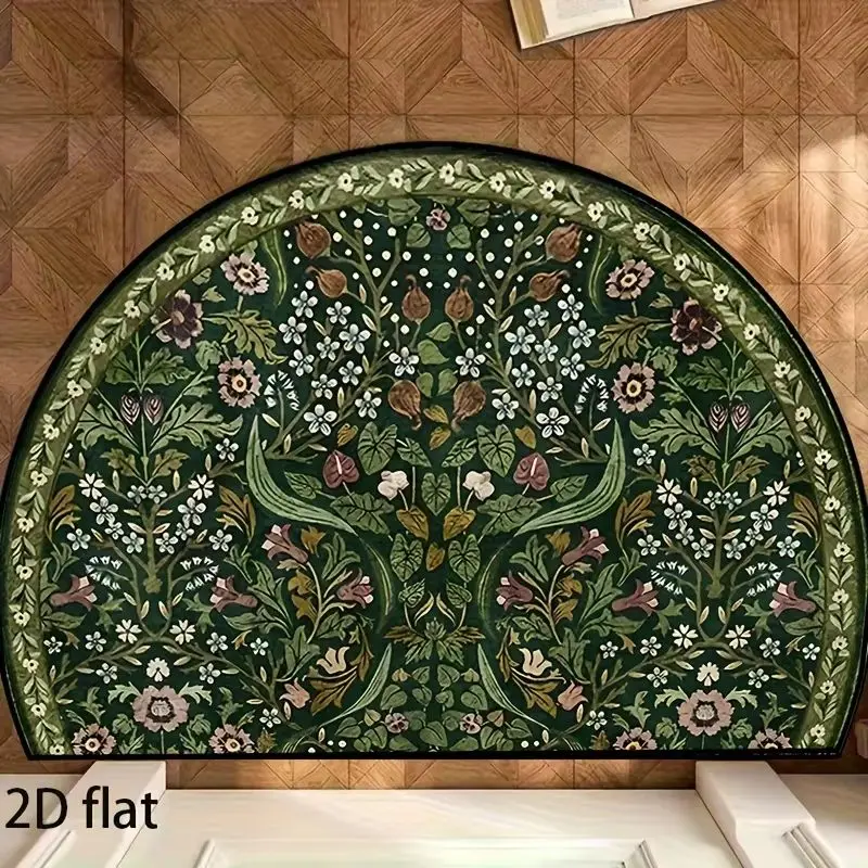 VIKAMA Vintage Botanical Floral Welcome Mat Semicircle Door Rug Dark Green Leaf Flower Entrance Floor Mat Non Slip Soft Decor