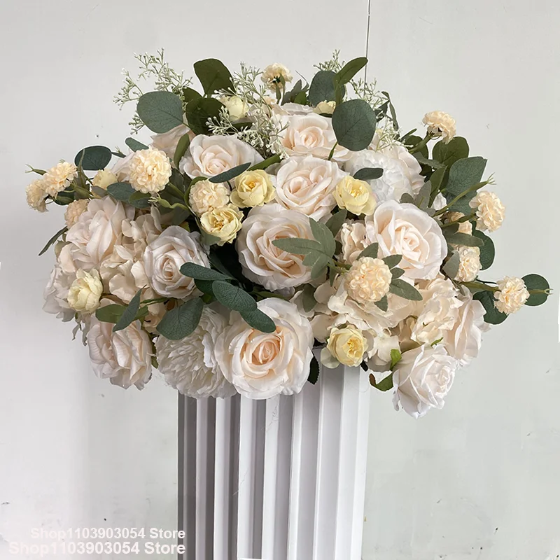 Champagnerrosa-grüne Kunstblumenanordnung, luxuriöser Hochzeitstischläufer, Rosenblumenreihe, Hochzeitshintergrund, Partydekoration – Detail 6