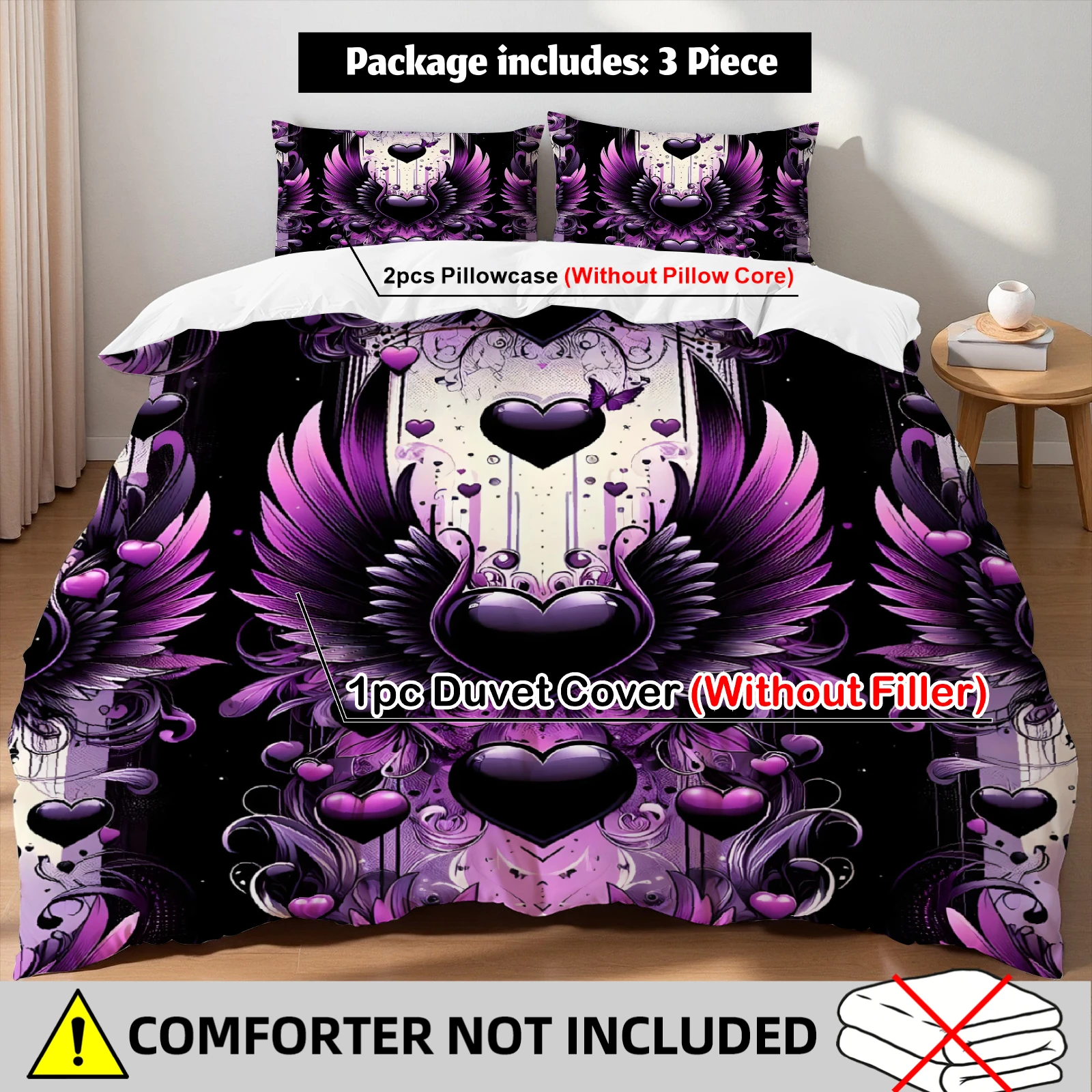 Gothic Heart Wings Duvet Cover Set Purple Black Bedding Set With 2 Pillowcases For Gothic Lovers Bedroom Twin Queen King Size