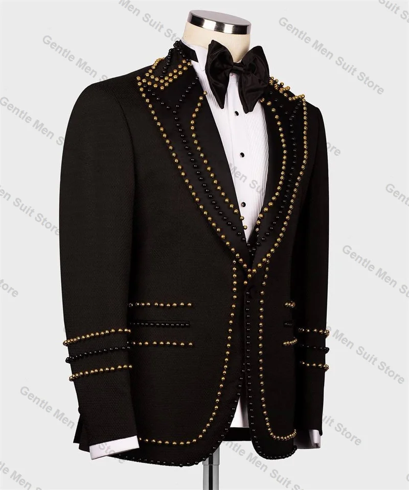 Trajes de lujo con cristales para hombre, chaqueta de algodón negro de 2 piezas + Pantalones, esmoquin para boda, abrigo para graduación, chaqueta Formal de oficina personalizada