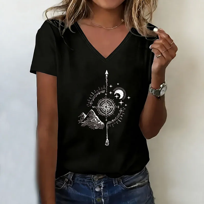 Vintage Moon T-shirt V Neck Casual Fashion Y2k T Shirts Women Short Sleeve Tee Shirt V-Neck Summer Spring