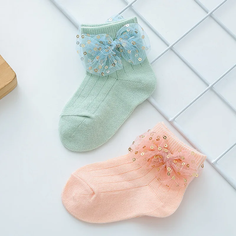 Baby Lace Socks Solid Color Sequins Bow Tie Girls' Princess Sock 2024 New Baby Cotton Sock Spring Summer Girls' Socks