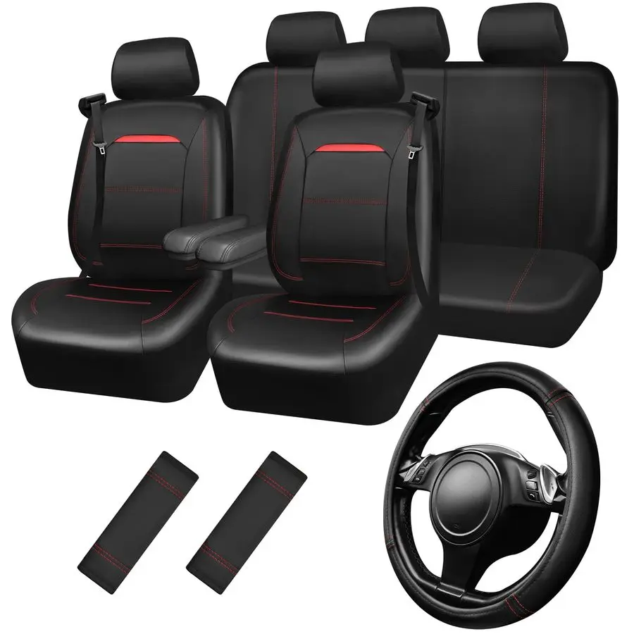 

Leather Car Seat Cover Full Set with Steering Wheel Cover and 2PCS Seat Belt Shoulder Pads,for Trucks and SUV with Builtin Seatb