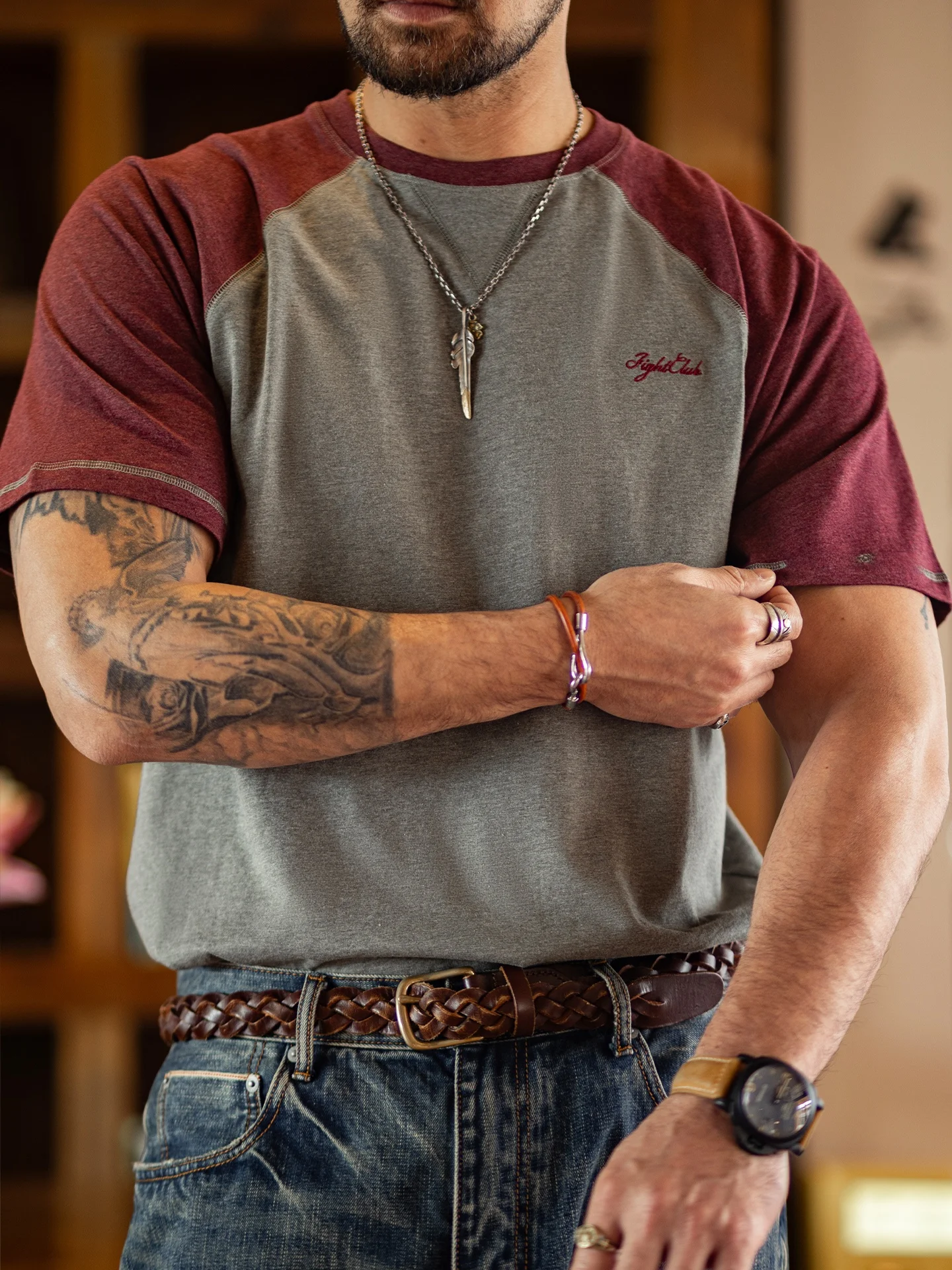 Fight Club Boxer American Retro Color Block Short Sleeve round Neck Embroidered T Shirt Men Summer Loose Fit Casual Cotton Tee