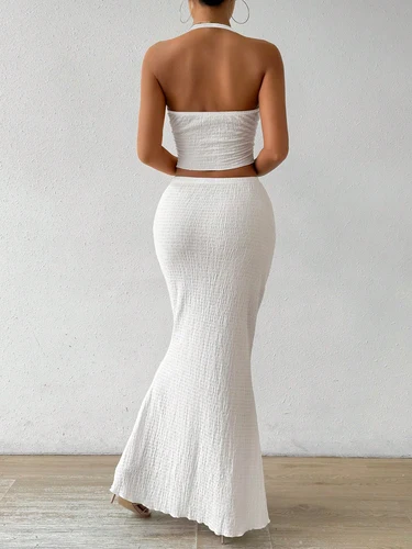 Imagen 1 del producto Nueva ropa de verano para mujer, falda informal de playa de color sólido simple, elegante y versátil, traje de falda sin mangas con cuello en V