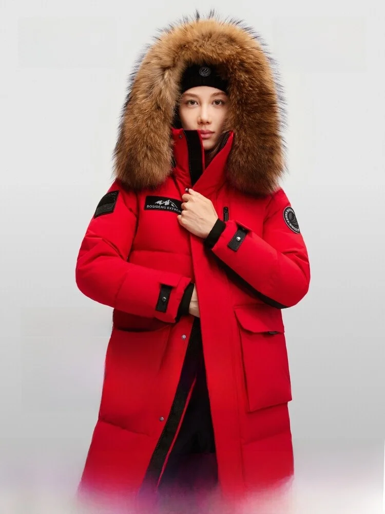 

Bosideng Red New Year Women's Long down Jacket 90 Goose down Large Fur Collar Wedding Over-Knee Bosideng Padded Coat
