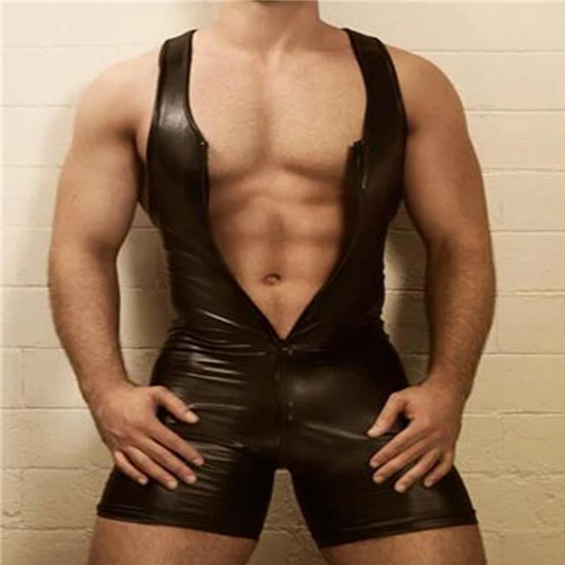 

Sexy Lingerie Bodysuit Wetlook Faux Leather Zipper Open Bust Stretch Tight Men Erotic Catsuit cosplay Fetish Gay Sissy Clubwear