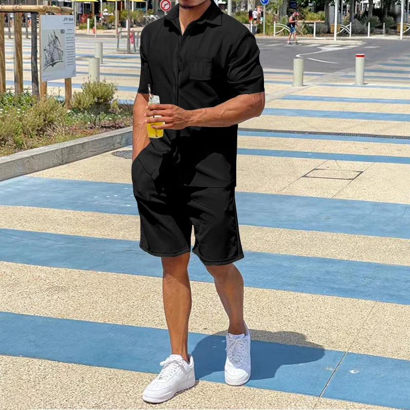 Pop Summer Thin Men's Set Lapel Short-sleeved Shirt Shorts Two-piece Loose Casual Sports Suit Solid Color Comfortable Men's Clot