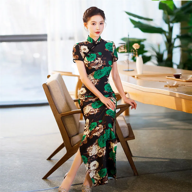 

6 Colors As Choose New Long Cheongsam Women Floral Dress Slim Vintage Plus Size Dresses S To 6XL Female Traditional Qipao