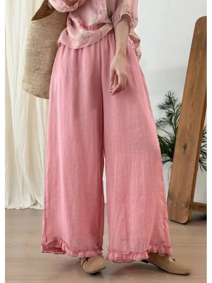 

High Waist Wide Leg Pants Elastic Waist Design Pure Color Linen Straight Leg Slimming Casual Trousers with Flounce Hem