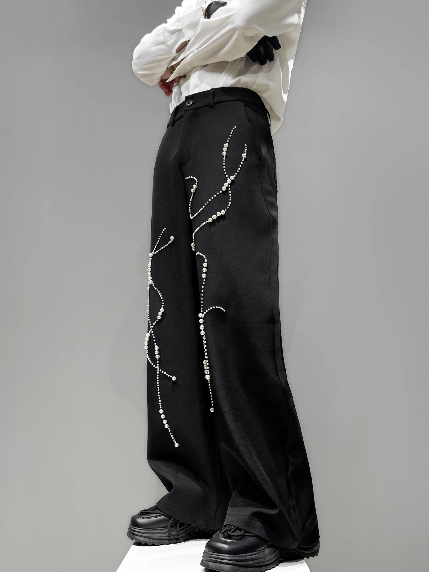 Japanese Original Fashion Trendy Design Pearl Beaded Black Trousers Stylish Men's Loose Straight Wide-Leg Casual Long Pants