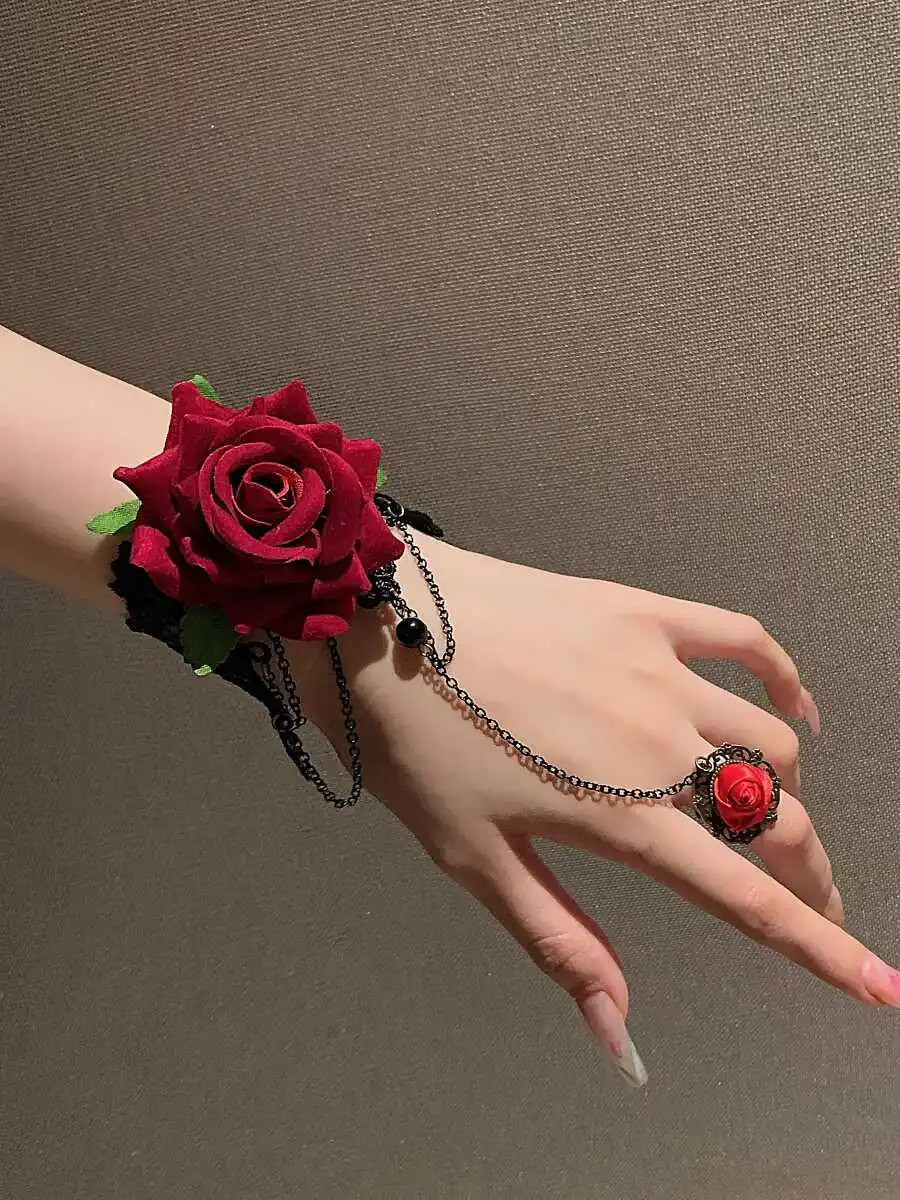 

Punk Style Lace Wrist Bracelet Red Rose Flower Gothic Lolita Bracelet Rings Integrated Jewelry for Women Cool Jewelry Accessorie