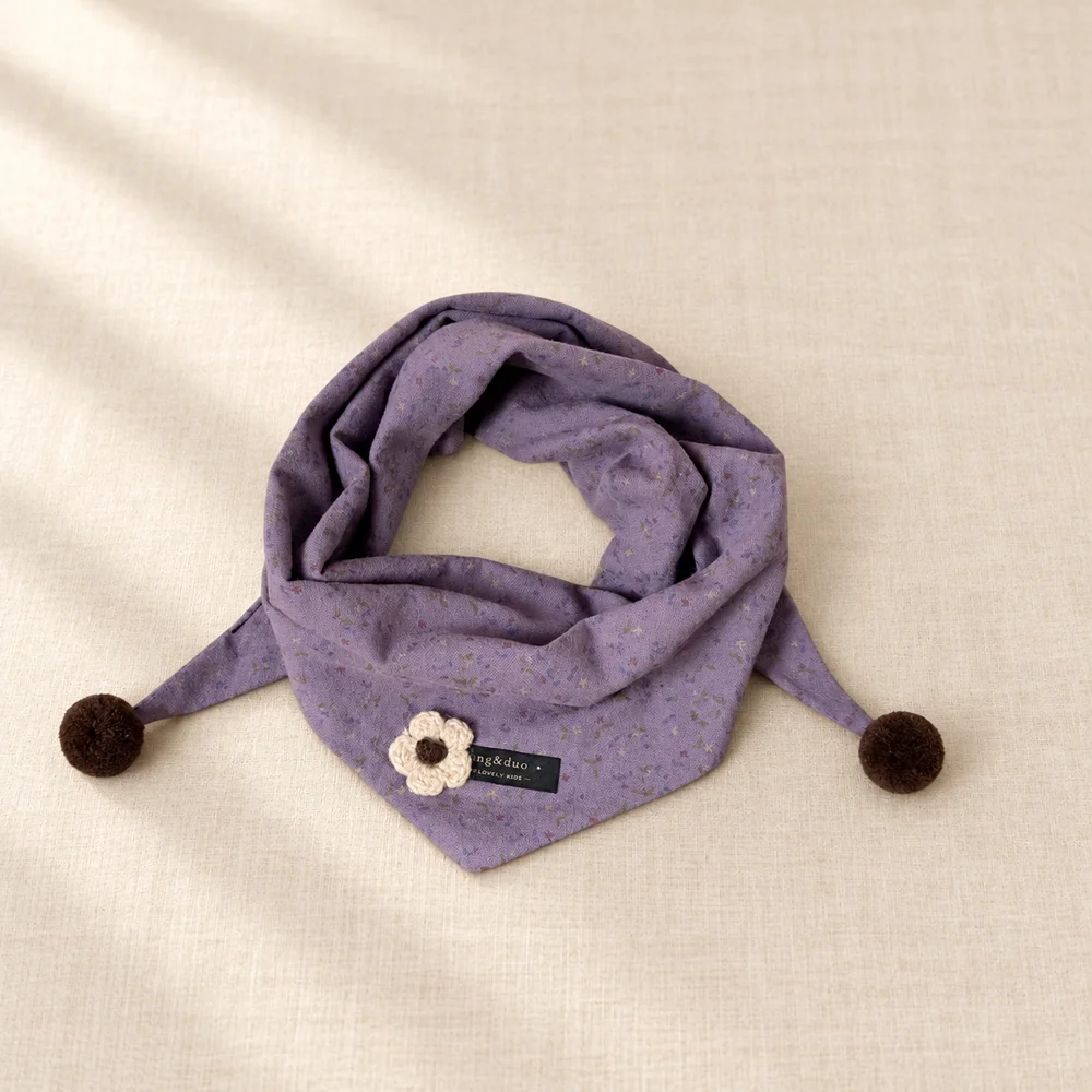Baby Girls Floral Triangle Scarf with Pom Poms Soft Neck Warmer Bib Cute Flower Applique Autumn Winter Accessory for Toddlers
