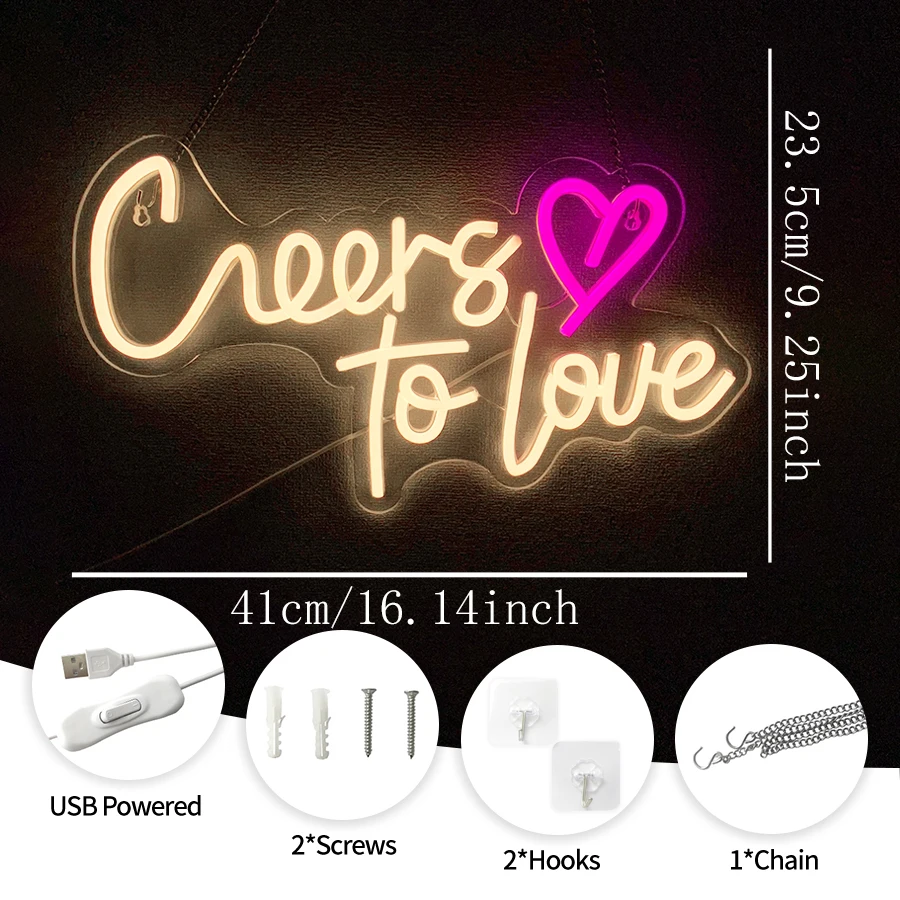 Cheers to Love Neon Sign Wedding Neon Sign Led Lights for Room Wall Decor Light Signs for Wedding USB Powered Sign Decor