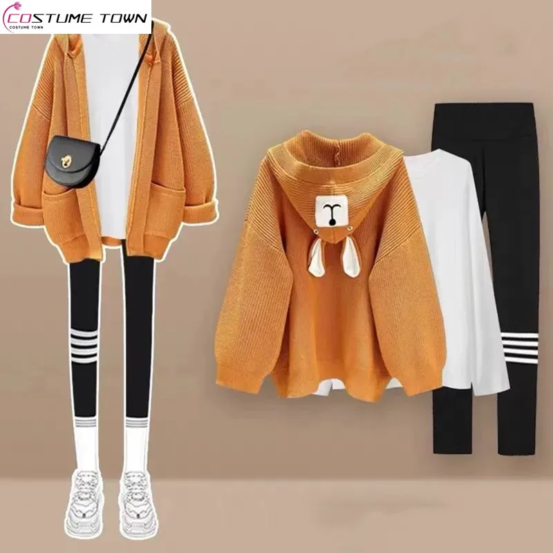 

Autumn and Winter Set 2023 New Large Women's Korean Style Versatile Knitted Coat Shark Pants Three Piece Set Fashion