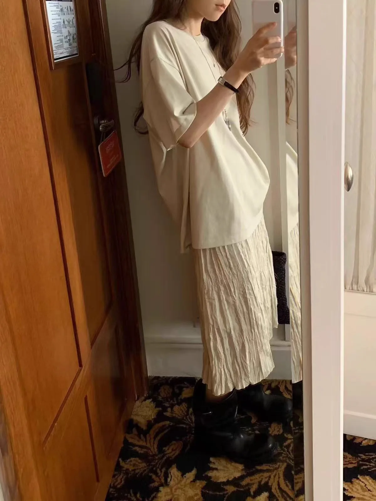High Waist A-Line Midi Skirt OUNC Korean Textured Pleated Slimming Half Body Skirts Dongdaemun Autumn New Style Commute