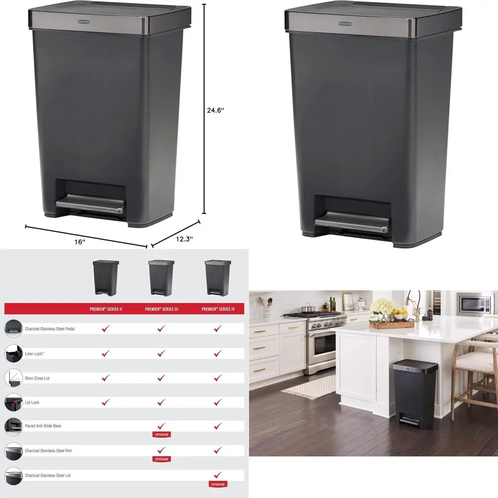 

12.4 Gallon Charcoal Step-On Trash Can with Stainless Steel Rim for Home, Kitchen, and Garage Use