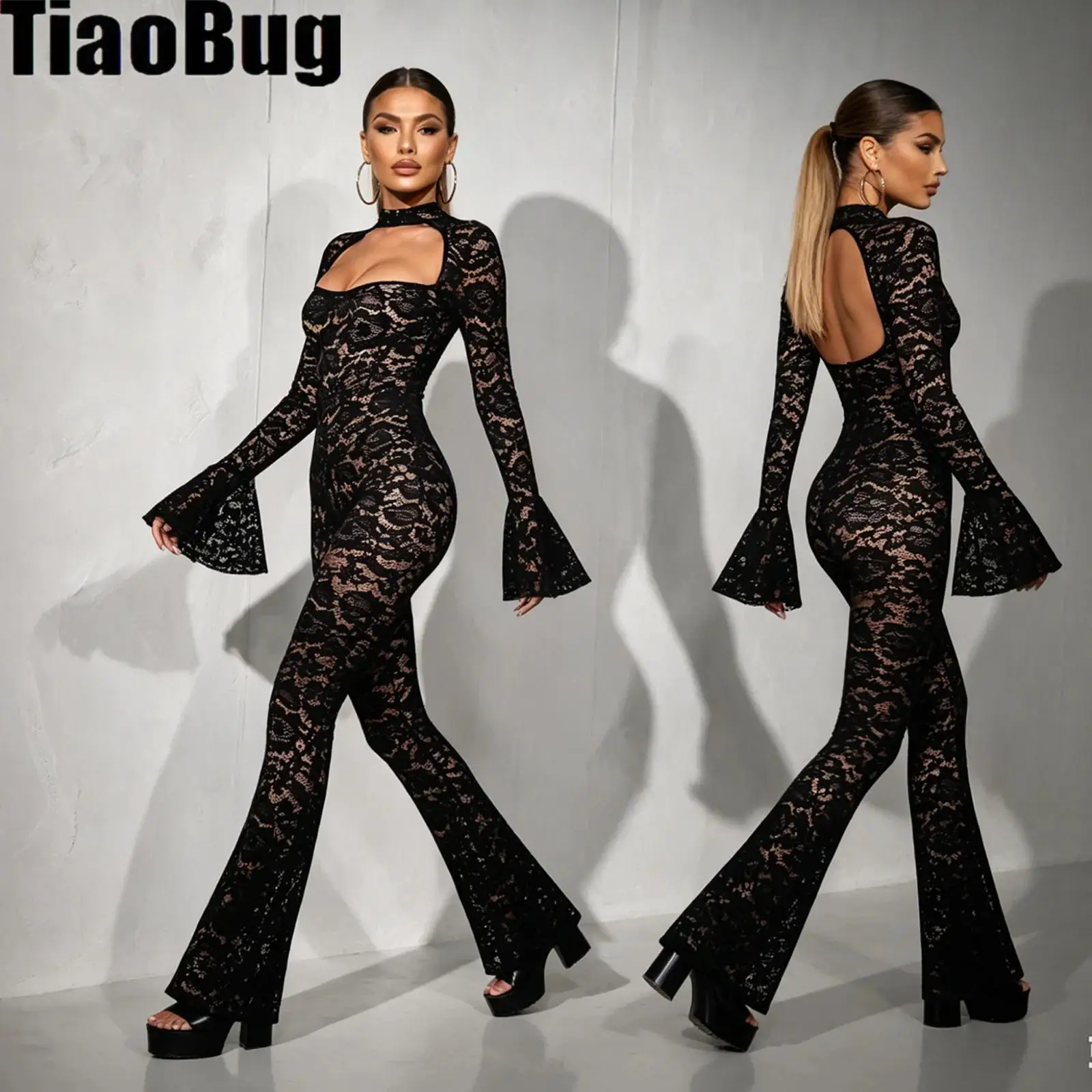 

Women See Through Floral Lace Party Jumpsuit with Opaque Liner Keyhole Cutout Long Sleeve Flared Cuffs Wide Leg Romper for Club