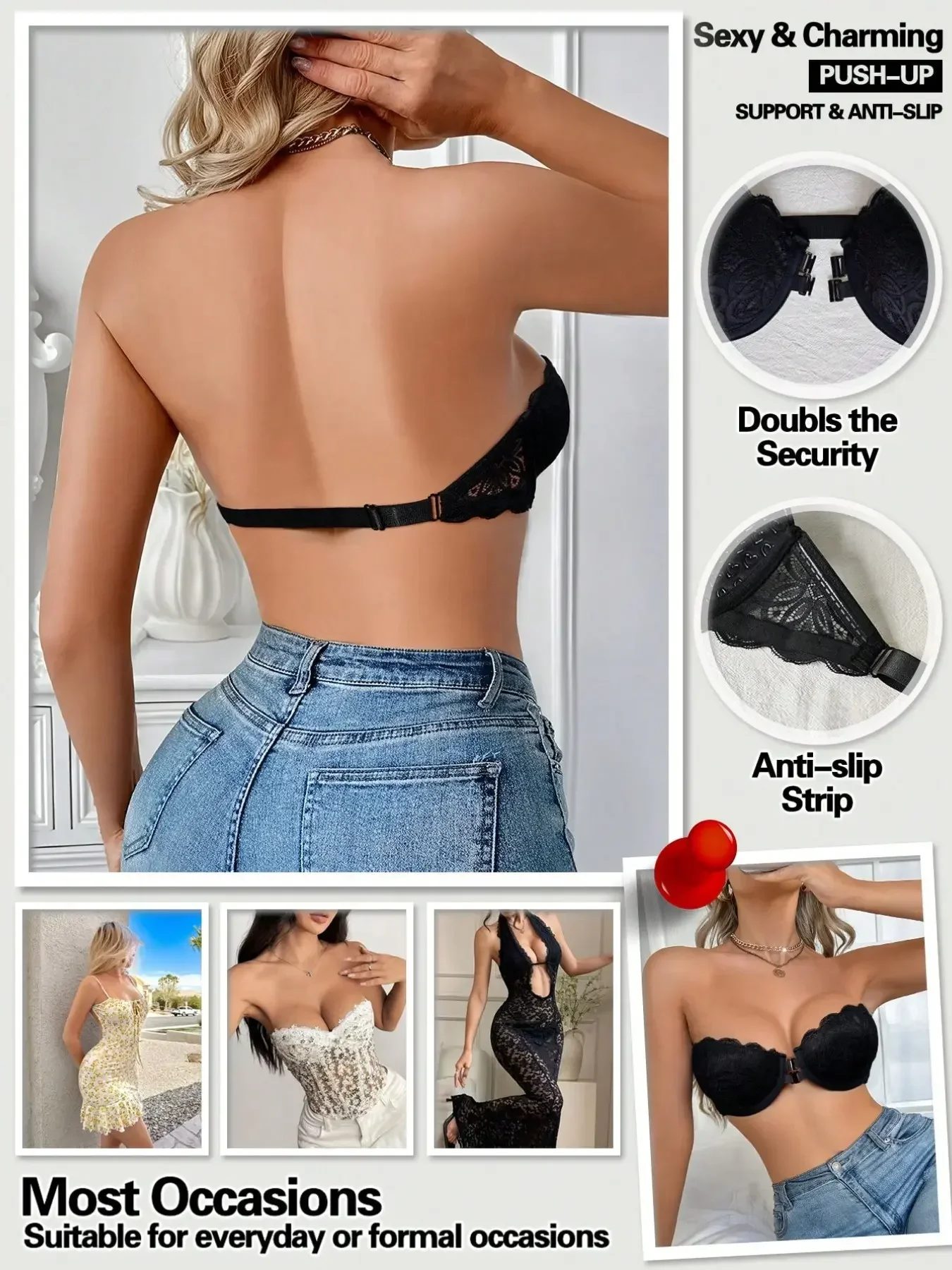 Sexy Lace Trim Front Buckle Strapless Push-Up Bra, Heart Pattern Cups, Backless Design, Non-Slip Cami, Adjustable Straps, Perfect for Dresses