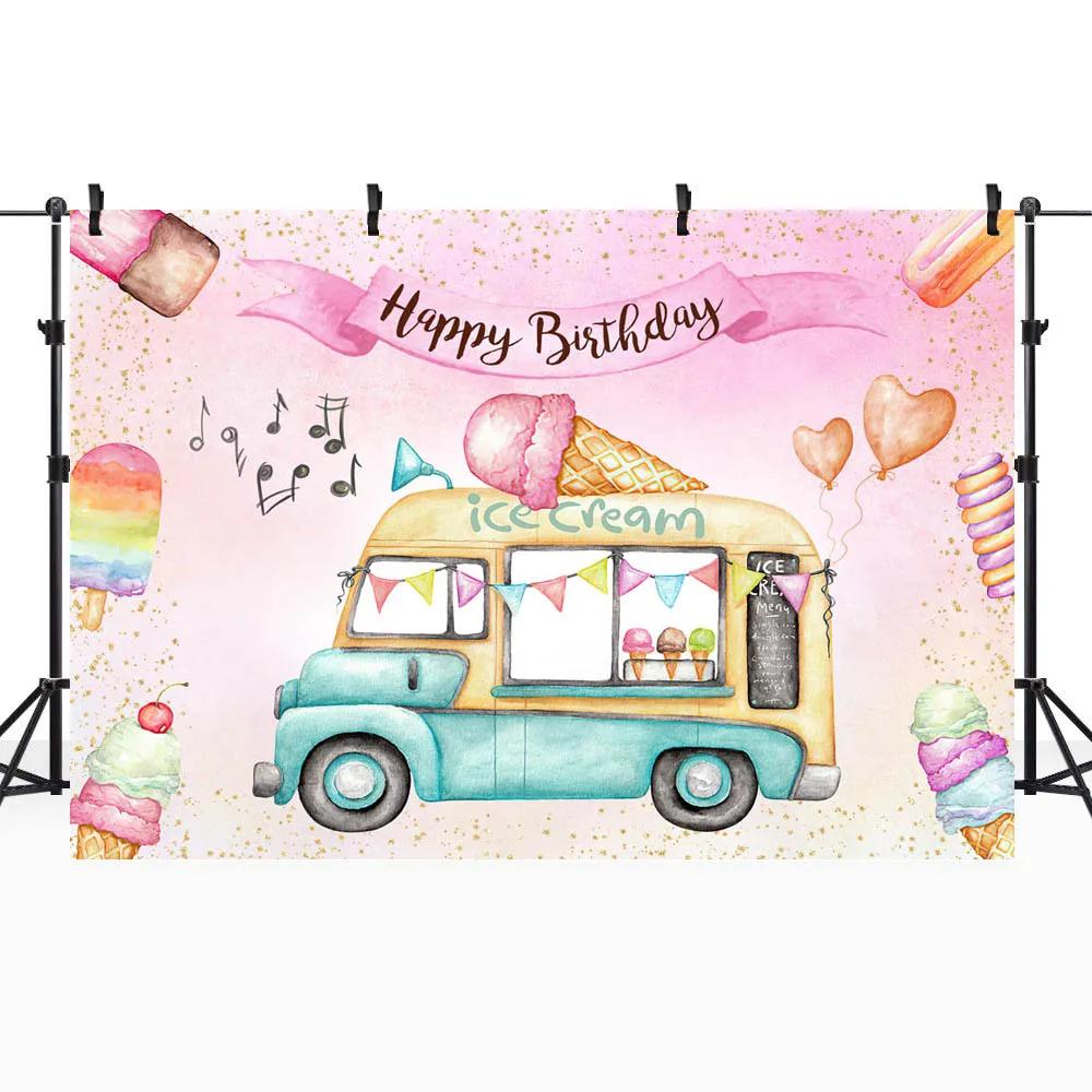 Mocsicka Cartoon Ice Cream Truck Happy Birthday Backdrop Baby Birthday Party Decor Photography Background Studio Photocall Props