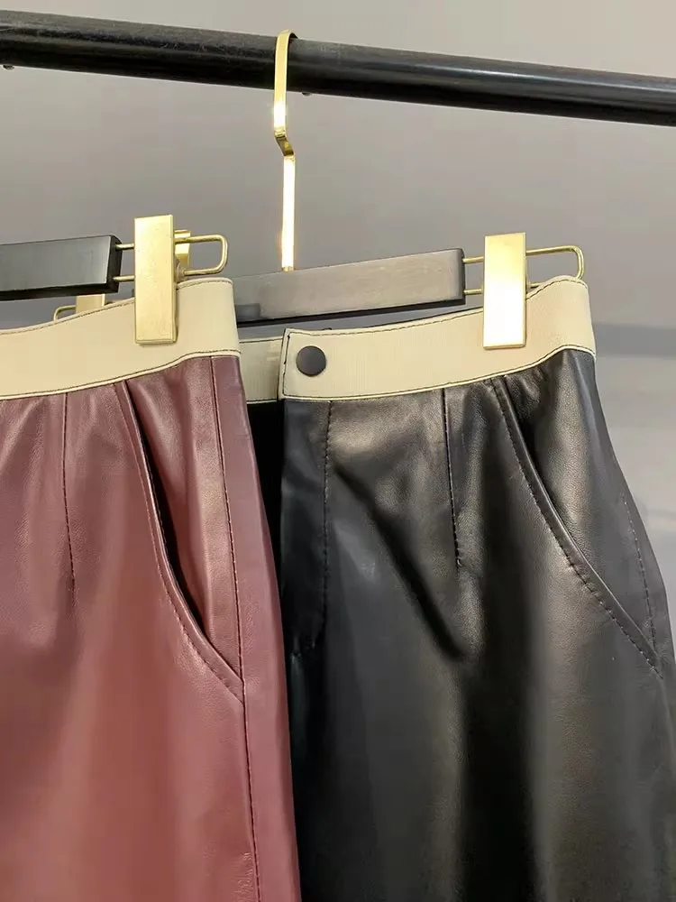 Jupe de bureau élégante pour femmes, couleurs fendues dans le dos, panneaux dans le dos, jupe de travail fendue, ligne A, en peau de mouton, en cuir véritable, nouvelle collection automne