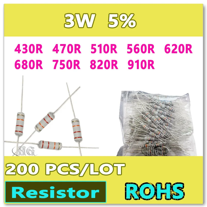 JASNPROSMA 200PCS/LOT 5% 3W 430R 470R 510R 560R 620R 680R 750R 820R 910R carbon film DIP OHM Resistor