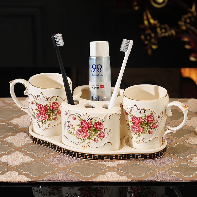 

European Ceramic Bathroom Washing Set Home Bathroom Tray Four-piece Couple Mouthwash Cup (excluding Toothbrush and Toothpaste)