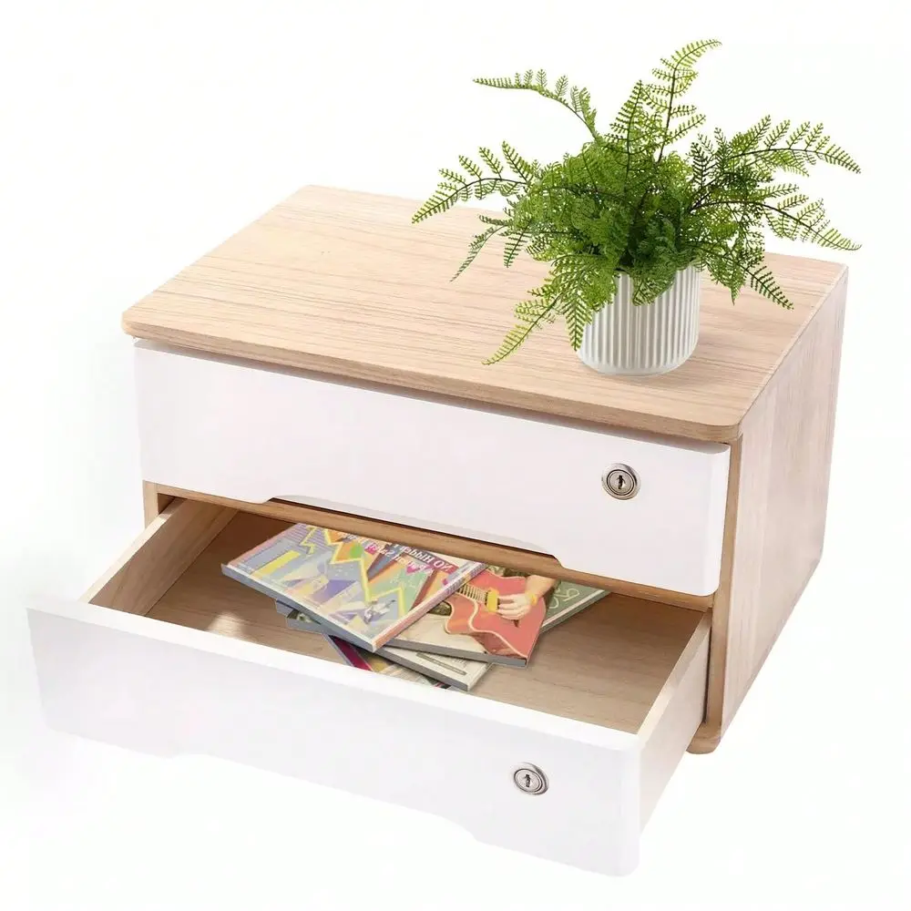 

2Tier Desktop Storage Box With Lockable Drawers, Stylish Tung Wood Organizer For Office, Bedroom, Or Kitchen, No Assembly Requi
