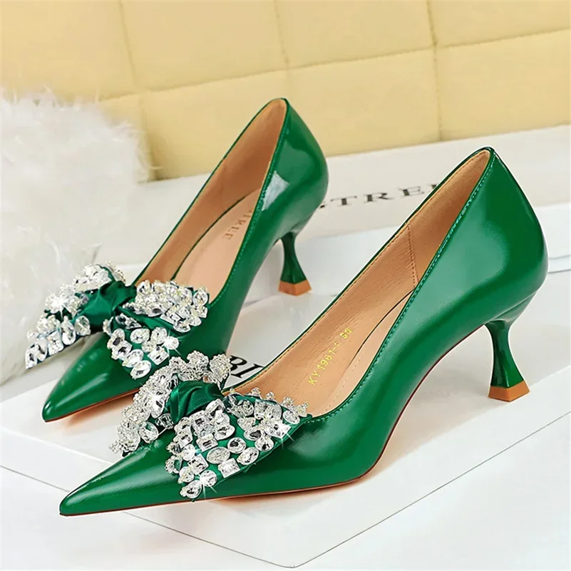 Plus Size Women 5.5cm High Heels Pink Green Cinderella Pumps Lady Luxury Rhinestone Butterfly Knots Party Low Kitten Heels Shoes