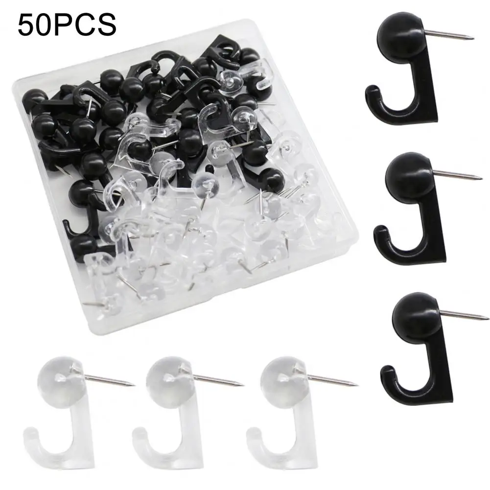 50Pcs Push Pin with Hook Plastic Box Black Cork Bulletin Board Whiteboard Wall Map Photo Fixing Thumbtack Office Home Supplies