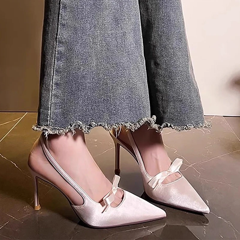Bow Women High Heels Sandals Pointed Toe Luxury Shoes Pointed Toe Slingback Slippers Fad Stilettos Elegant Pumps Mujer Slides view 2