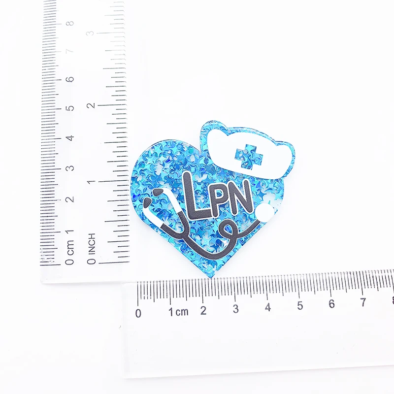 1PC 46MM Glitter Acrylic RN CNA LPN Heart Charms Flat Back Pendant Fit DIY ID Card Badge Holder Jewelry Making Doctor Nurse Gift