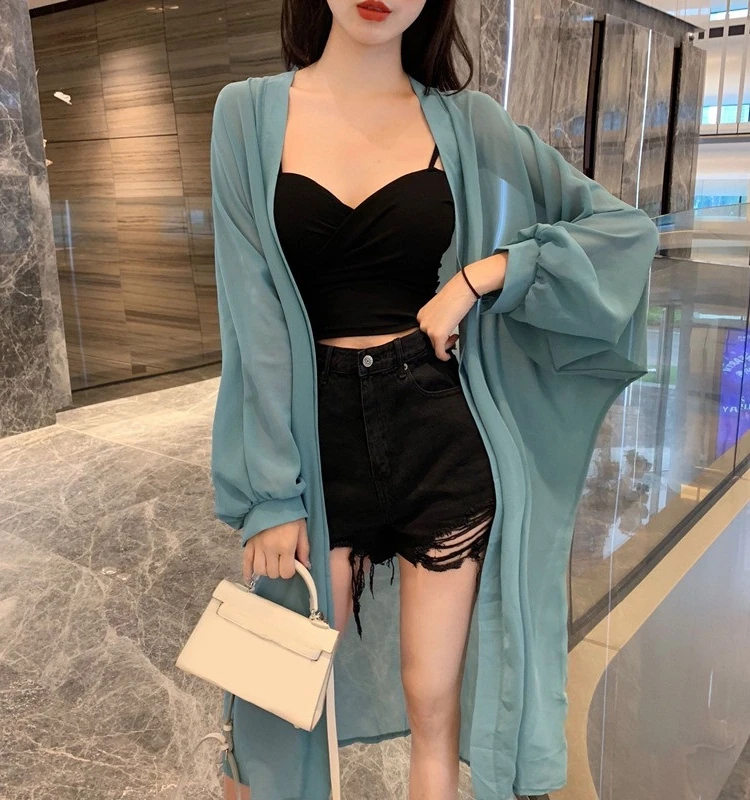 

Loose Chiffon Women's awl Coat Street Sle round Ne ort Sve Casual Fit Summer Faion Outerwear