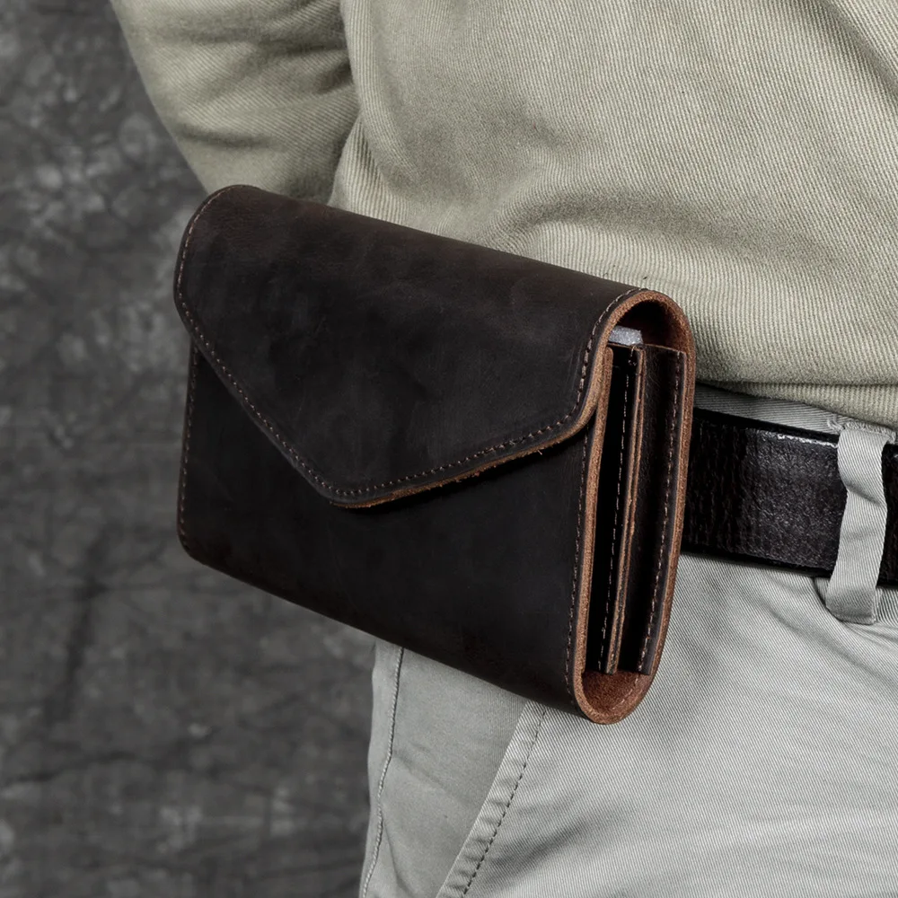 Men's genuine leather waist bag, double-layer mobile phone storage, wearing belt, outdoor construction site waist bag