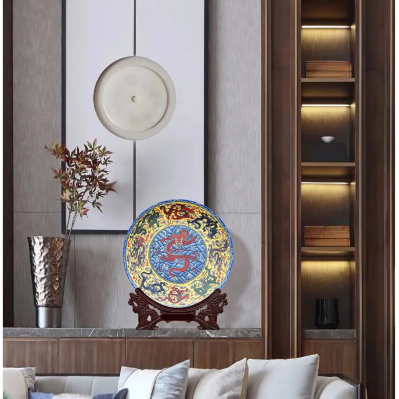 Chinese Living Room Decorative Plate Ceramic Gold Craft Ornaments Pink Nine Dragons Hanging Disk Versatile Scene Home Decor